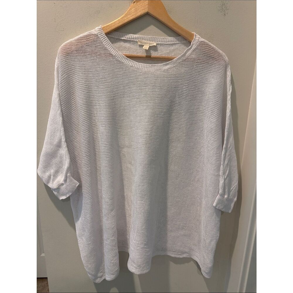 Eileen Fisher Sheer Open-Knit Crewneck Pullover Organic Linen  White size Medium